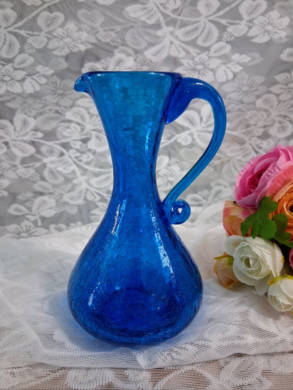 Vintage Crackle Glass Cobalt Blue Cruet Pitcher MCM Mid-Century Art Glass